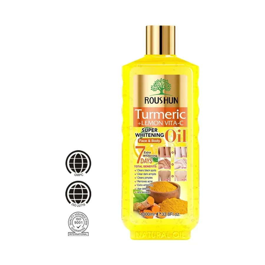 ROUSHUN Turmeric + Lemon Vita C Brightening Body Oil 1000ml white background product image for OEM/ODM private label body lotion manufacturing