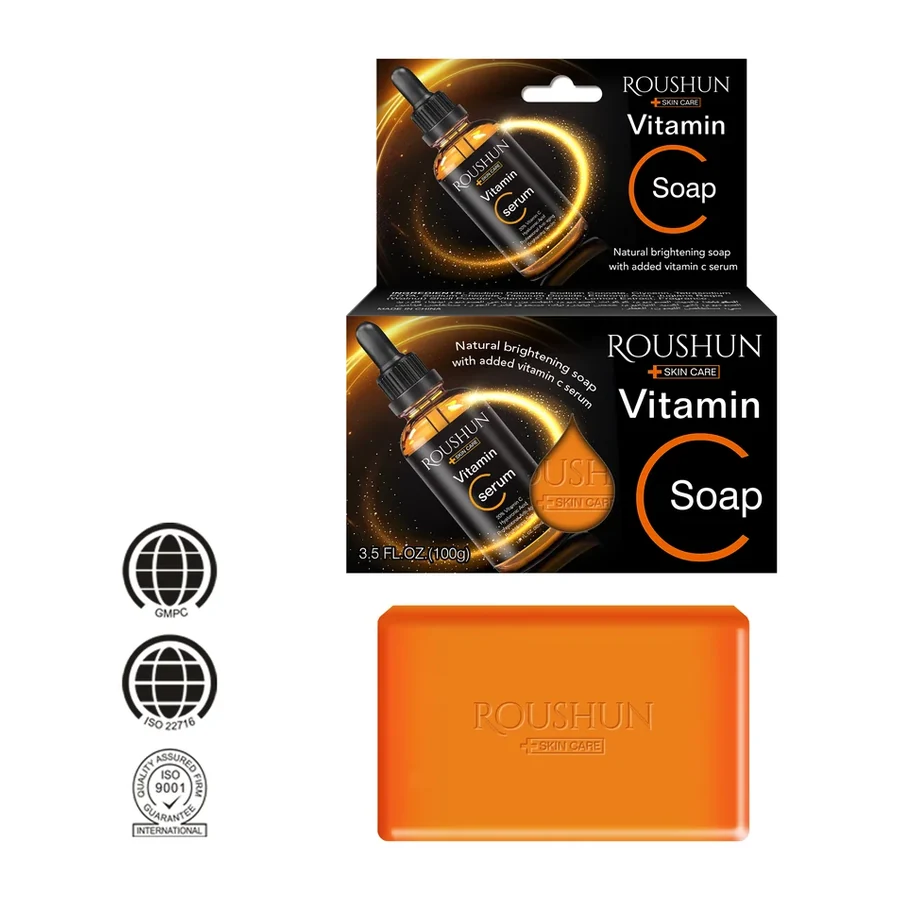 ROUSHUN Vitamin C Serum Infused Soap, Natural Brightening & Glowing Cleanser, 100g white background product image for OEM/ODM private label soap