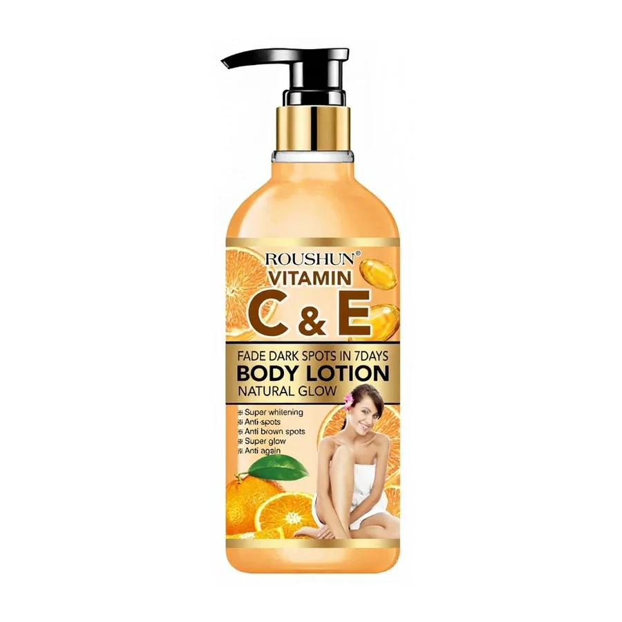 Vitamin C & E Moisturizing Hydrating Nourishing Body Lotion with Fade uneven tone Formula 500ml Pump Bottle Adult Use for Home Use white background