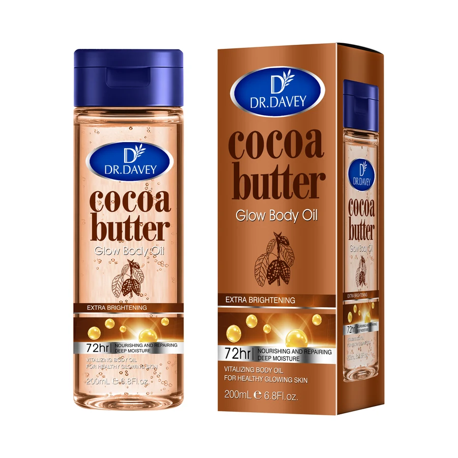 DR.DAVEY Cocoa Butter Body Oil 200 ml x 24 model DV-7046 product packaging for private label OEM/ODM