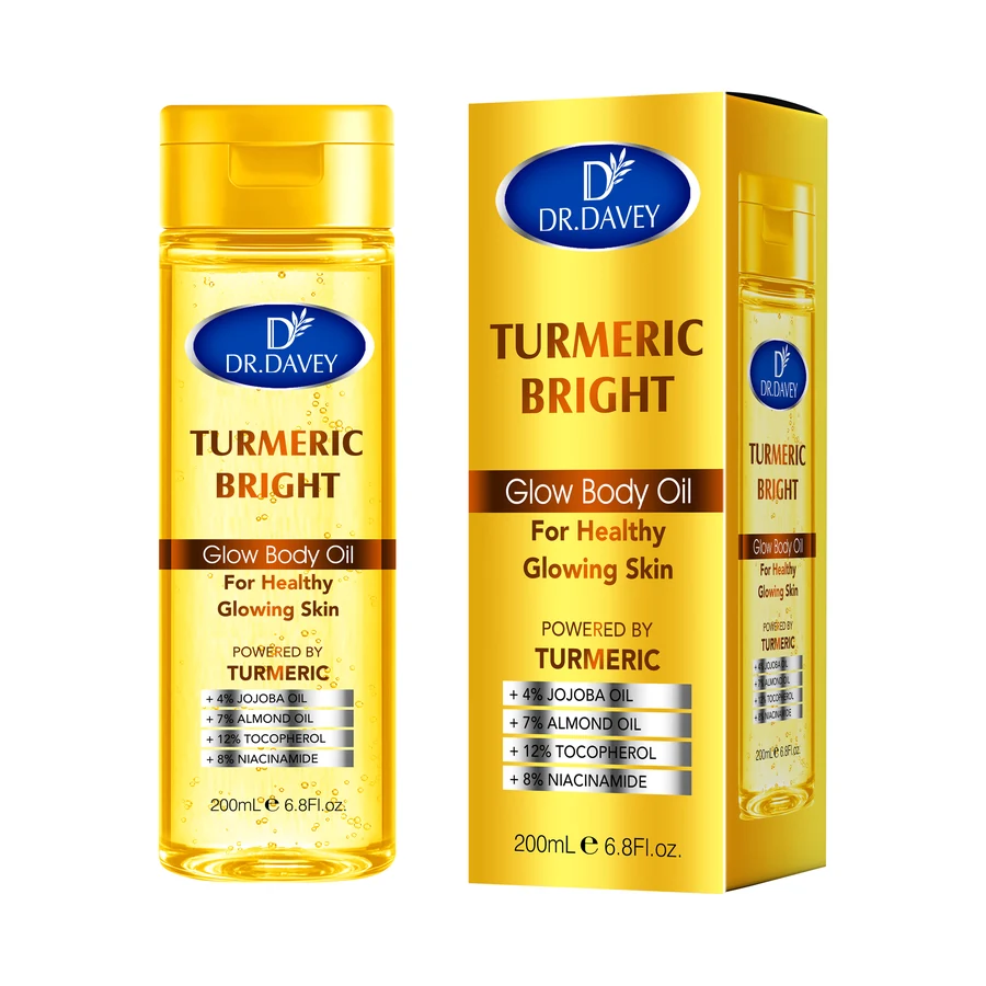 DR.DAVEY Turmeric Body Oil 200 ml x 24 model DV-7043 product packaging for private label OEM/ODM