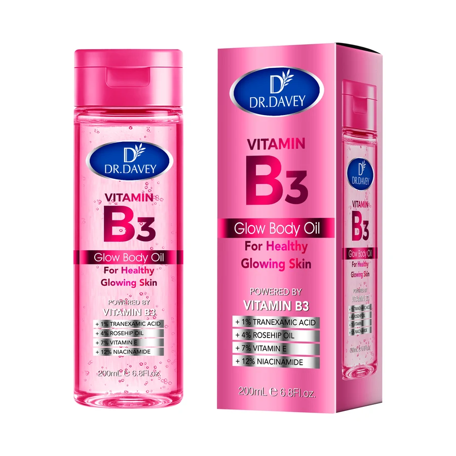 DR.DAVEY Vitamin B3 Body Oil 200 ml x 24 model DV-7045 product packaging for private label OEM/ODM